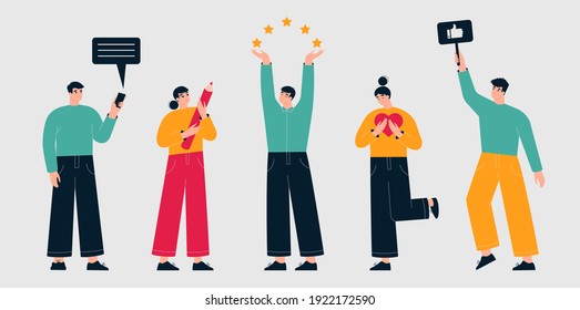 Customer feedback, testimonial, online survey concept. Group of people rating customer experience, writing review, leaving feedback. Client, user satisfaction. Isolated flat vector illustration