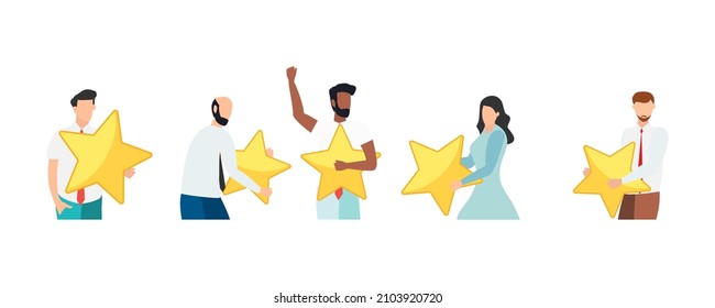 Customer feedback, testimonial, online survey concept. Group of people rating customer experience, writing review, leaving feedback. Client, user satisfaction. Isolated flat vector illustration