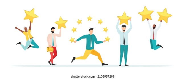Opinión de los clientes, testimonios, concepto de encuesta en línea. Grupo de personas que califican la experiencia del cliente, escriben reseñas, dejan comentarios. Cliente, satisfacción del usuario. Ilustración vectorial plana aislada