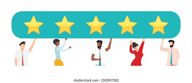 Kundenfeedback, Testimonial, Online-Umfrage-Konzept. Gruppe von Leuten bewertet Kundenerfahrung, schreibt Rezension und hinterlässt Feedback. Kunde, Zufriedenheit der Benutzer. Einzelne flache Vektorgrafik