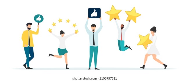 Customer feedback, testimonial, online survey concept. Group of people rating customer experience, writing review, leaving feedback. Client, user satisfaction. Isolated flat vector illustration
