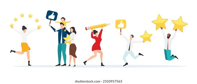 Opinión de los clientes, testimonios, concepto de encuesta en línea. Grupo de personas que califican la experiencia del cliente, escriben reseñas, dejan comentarios. Cliente, satisfacción del usuario. Ilustración vectorial plana aislada