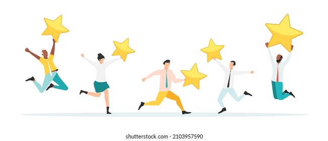 Customer feedback, testimonial, online survey concept. Group of people rating customer experience, writing review, leaving feedback. Client, user satisfaction. Isolated flat vector illustration