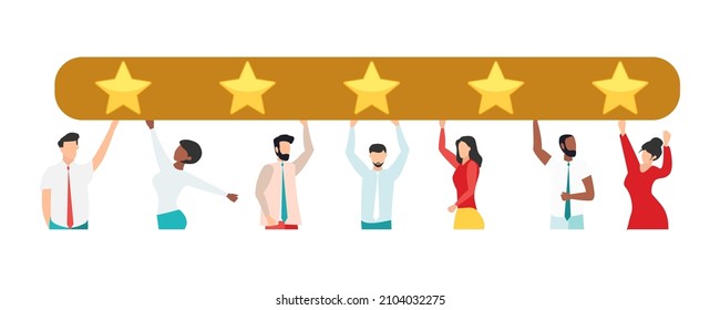 Opinión de los clientes, testimonios, concepto de encuesta en línea. Grupo de personas que califican la experiencia del cliente, escriben reseñas, dejan comentarios. Cliente, satisfacción del usuario. Ilustración vectorial plana aislada
