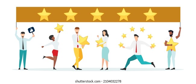 Opinión de los clientes, testimonios, concepto de encuesta en línea. Grupo de personas que califican la experiencia del cliente, escriben reseñas, dejan comentarios. Cliente, satisfacción del usuario. Ilustración vectorial plana aislada