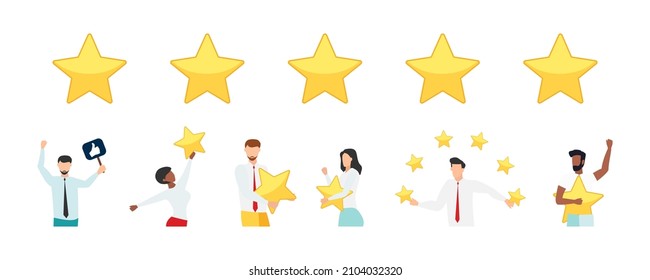 Customer feedback, testimonial, online survey concept. Group of people rating customer experience, writing review, leaving feedback. Client, user satisfaction. Isolated flat vector illustration