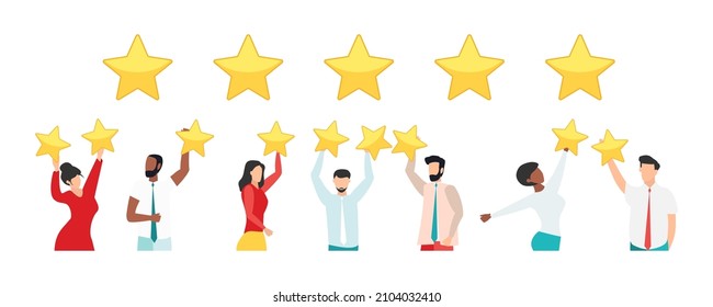 Customer feedback, testimonial, online survey concept. Group of people rating customer experience, writing review, leaving feedback. Client, user satisfaction. Isolated flat vector illustration