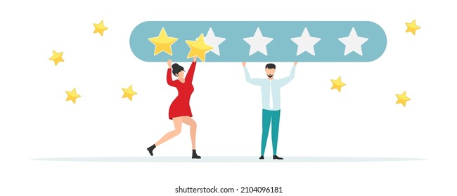 Opinión de los clientes, testimonios, concepto de encuesta en línea. Grupo de personas que califican la experiencia del cliente, escriben reseñas, dejan comentarios. Cliente, satisfacción del usuario. Ilustración vectorial plana aislada