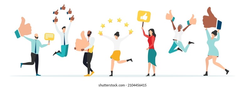 Opinión de los clientes, testimonios, concepto de encuesta en línea. Grupo de personas que califican la experiencia del cliente, escriben reseñas, dejan comentarios. Cliente, satisfacción del usuario. Ilustración vectorial plana aislada