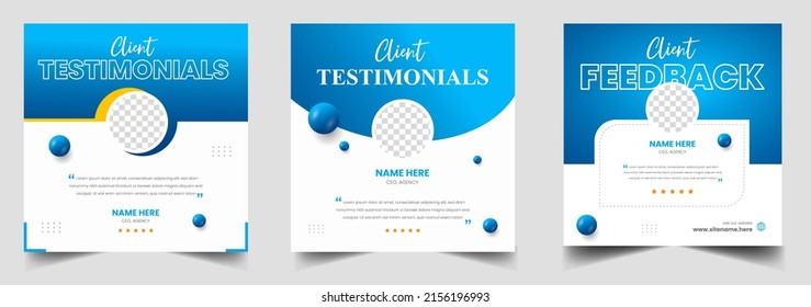 Customer feedback testimonial social media post web banner template. client testimonials social media post banner design template with blue color