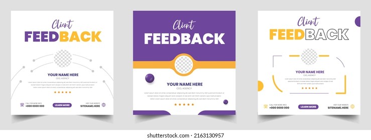 Customer feedback testimonial social media post web banner template. client testimonials social media post banner design template with blue color