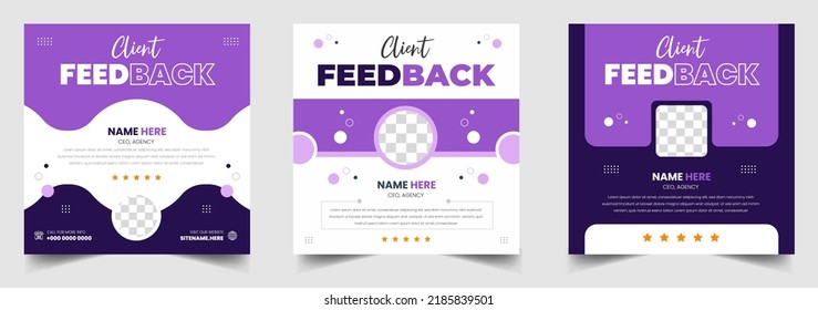 Customer feedback testimonial social media post web banner template. client testimonials social media post banner design template with purple color