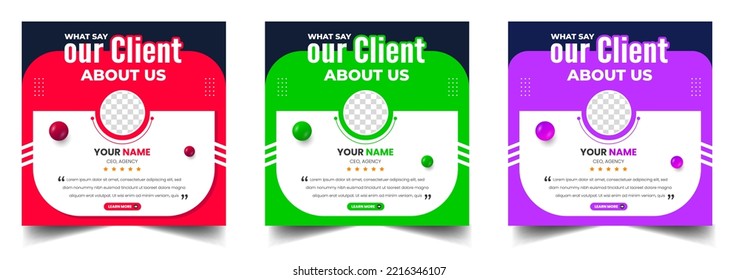 Customer feedback testimonial social media post web banner template. client testimonials social media post banner design template with red, green and purple color.