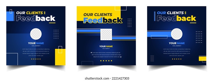 Customer feedback testimonial social media post web banner template. client testimonials social media post banner design template with blue color