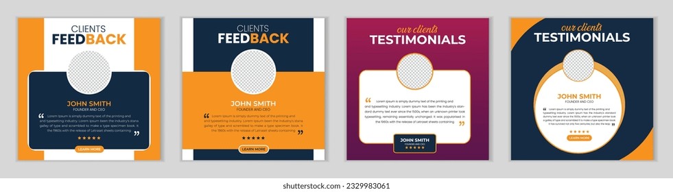 Customer feedback testimonial social media post web banner template.
client testimonials social media post banner design bundle template.