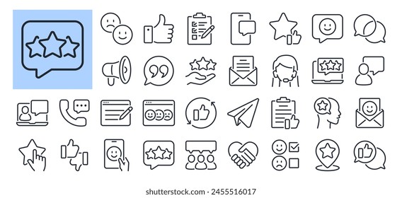 Customer feedback and testimonials editable stroke outline icons set isolated on white background flat vector illustration. Pixel perfect. 64 x 64