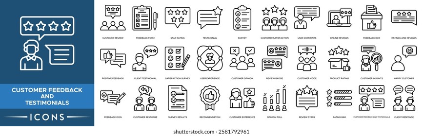 Customer Feedback and Testimonials icon. Customer Review, Feedback Form, Star Rating, Testimonial and Survey