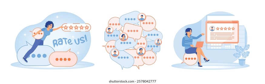 Customer feedback. Customer testimonials. Customer satisfaction with a five-star rating and positive reviews. Customer Satisfaction Concept. Set flat vector illustration.