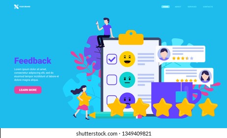 Customer feedback, testimonials, user review illustration fo landing page, hero image, web site design, banner. Rate the app, product or service concept. Flat vector illustration with tiny characters.