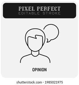 Customer feedback thin line icon. Man with speech bubble. Review, opinion. Pixel perfect, editable stroke. Vector illustration.