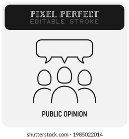 Customer feedback thin line icon. Group with speech bubble. Review, public opinion. Pixel perfect, editable stroke. Vector illustration.