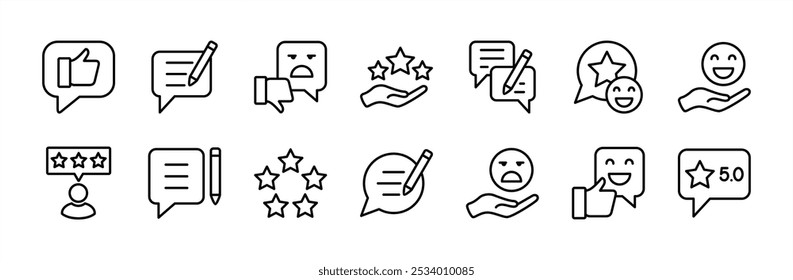 Customer feedback thin line icon set. Containing rating, experience, review, like, comment, satisfaction for survey, opinion, service, vote, test, inspecting, testimonial, response, life events