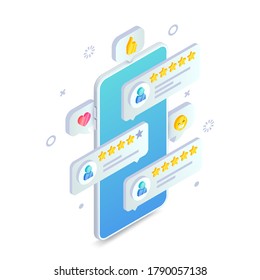 Customer Feedback Trendy Isometric 3d Concept. User Product Review Rating Messages On Smartphone Screen With Icons . Digital Marketing Vector Illustration For Web, Infographics, App