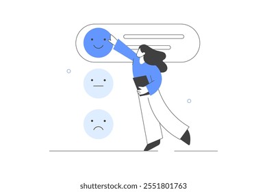 Customer feedback and user experience. Character giving review to customer service operator. Satisfaction rating, choosing emoji and filling survey form. Flat Cartoon Vector Illustration, icon