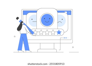 Customer feedback and user experience. Character giving review to customer service. Satisfaction rating, choosing emoji. 5 stars on computer app screen. Flat Cartoon Vector Illustration, icon. 