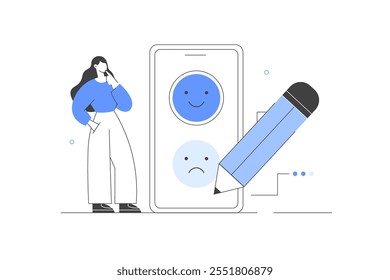 Customer feedback and user experience. Character giving review to customer service. App screen. Satisfaction rating, choosing emoji and filling survey form. Flat Cartoon Vector Illustration, icon