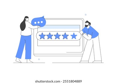 Comentários do cliente e experiência do usuário. Personagens que dão revisão ao operador do serviço de atendimento ao cliente. Classificação de satisfação. 5 estrelas. Ilustração plana de vetor de desenhos animados, ícone. Abstrato estiloso