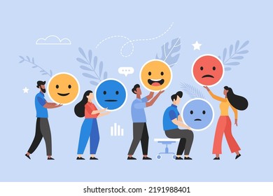 Customer feedback, user experience or client review rating business concept. Modern vector illustration of people holding emoji and smiley icons