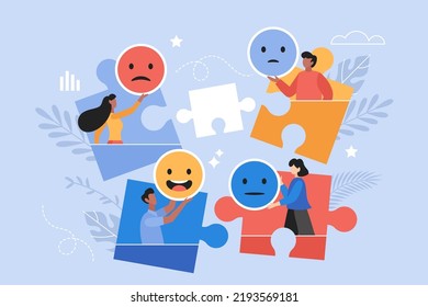 Customer feedback, user experience or client review rating business concept. Modern vector illustration of people team holding emoji  icons with puzzle jigsaw elements