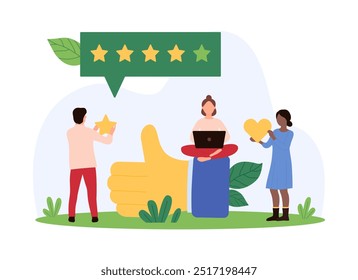 Customer feedback, user experience or client satisfaction, good opinion in survey. Tiny people rate best product and services with five stars, heart like and thumbs up cartoon vector illustration