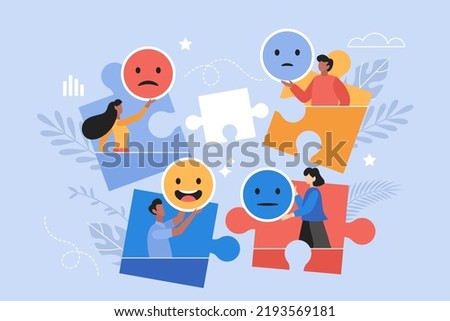 Customer feedback, user experience or client review rating business concept. Modern vector illustration of people team holding emoji  icons with puzzle jigsaw elements