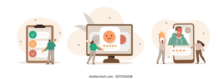 Customer feedback and user experience illustration set. Characters giving review to customer service operator, choosing emoji to show satisfaction rating and filling survey form. Vector illustration.