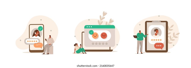 Customer feedback and user experience illustration set. Characters giving review to customer service operator and choosing emoji to show satisfaction rating. Rating scale concept. Vector illustration.