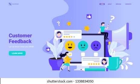 Customer feedback, user review, online survey, testimonials landing page concept. Flat vector illustration with tiny characters for web site, landing page, hero image, banner template. 