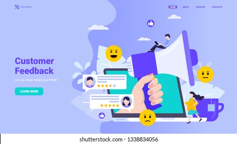 Customer feedback, user review, online survey, testimonials landing page concept. Flat vector illustration with tiny characters for web site, landing page, hero image, banner template. 