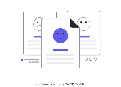 Comentários do cliente. Comentário do usuário ou Nível de satisfação. Retratos de três pessoas e avaliação estrelas abaixo. Revisão do cliente. Ilustração plana de vetor de desenhos animados, ícone. Destino de design abstrato e elegante 