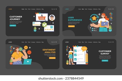Customer feedback web banner or landing page dark or night mode set. Consumer reviews. Sharing assessment of a purchased goods in social media blog, leaving a comment. Flat vector illustration