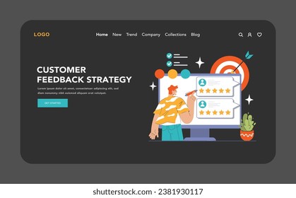 Customer feedback web banner or landing page dark or night mode. Consumer reviews. Sharing assessment of a purchased goods in social media blog, leaving a comment. Flat vector illustration