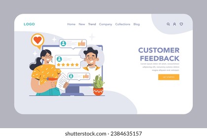 Customer feedback web banner or landing page. Consumer reviews public exchange. Sharing assessment of a purchased goods in social media blog, leaving a comment. Flat vector illustration