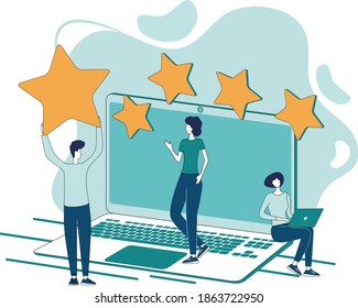 Customer feedback in the web industry.Reviews of users of Internet resources.Evaluation of ratings and commercial activity.Review and evaluate online advertising.3D-image.Flat vector illustration.