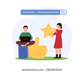Customer feedback web search, product quality and reputation ranking. Tiny people rate experience with best results and likes, characters giving thumbs up and gold star cartoon vector illustration