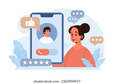 Customer feedback. Young female call center operator. Technical support or customer service. Hotline consultant helps a customer providing them with valuable information. Flat vector illustration