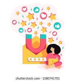 Customer feedbacks analyzing, likes farming. Lead generation. Satisfaction and loyalty analysis, marketing tools concept, customer retention increasing. Modern colorful vector concept illustration. 