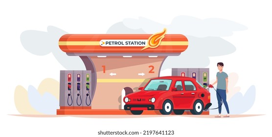 Customer filling up the car with fuel holding a pump at the petrol station. Flat vector illustration.