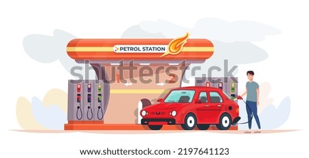 Customer filling up the car with fuel holding a pump at the petrol station. Flat vector illustration.