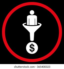 Customer Filter vector icon. Style is bicolor flat circled symbol, red and white colors, rounded angles, black background.